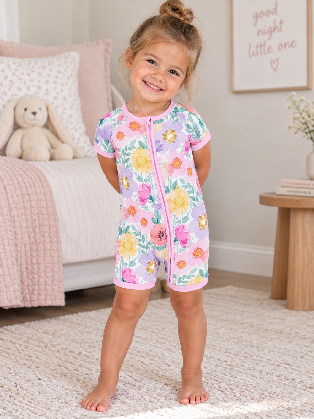 Little Sleepies Pink Floral Short-Sleeve Shorty Zippy Romper Pajamas size 2T